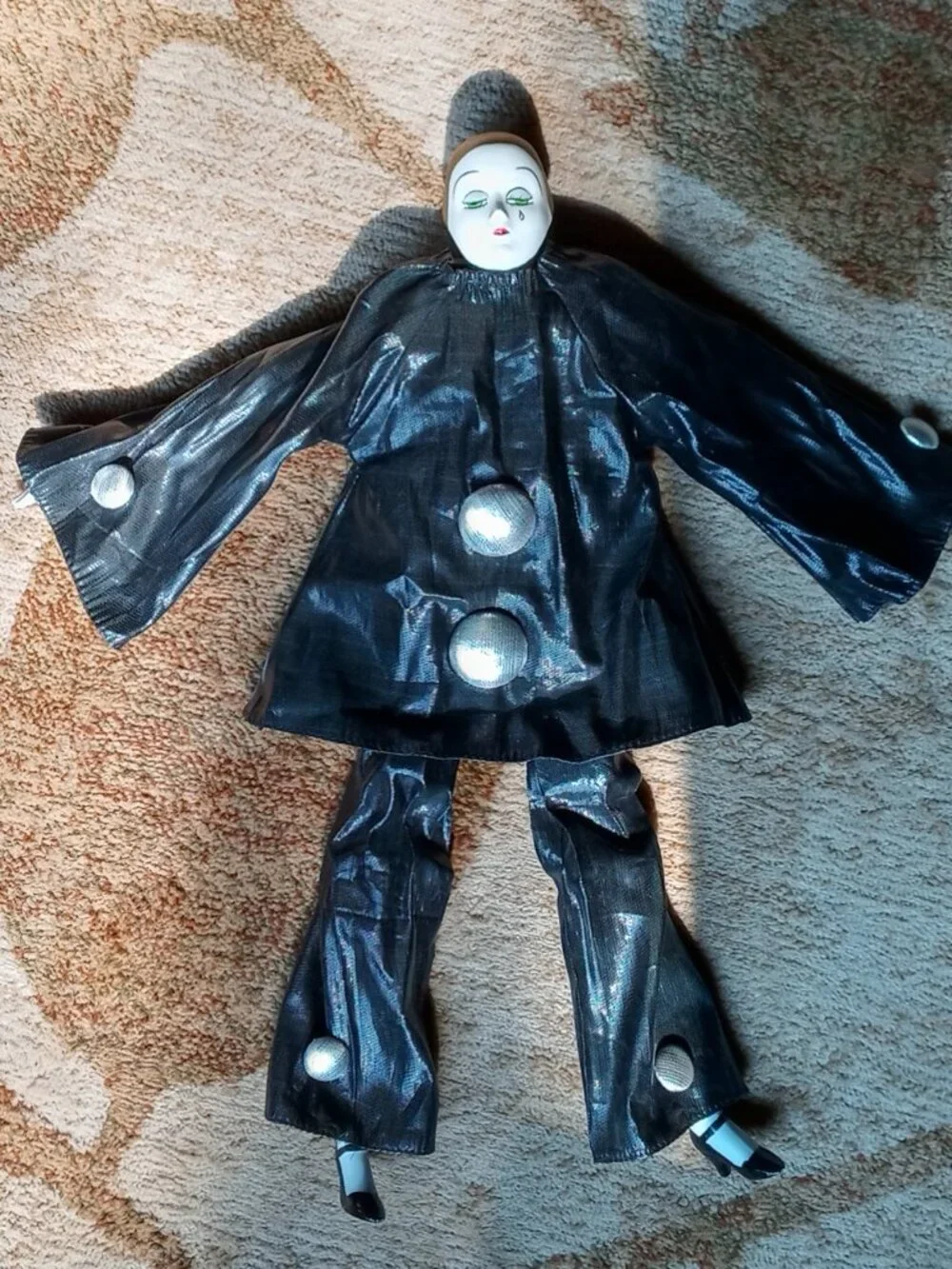 Stunning Vintage Pierrot Porcelain Clown Doll Black Silver Costume Teardrop Face